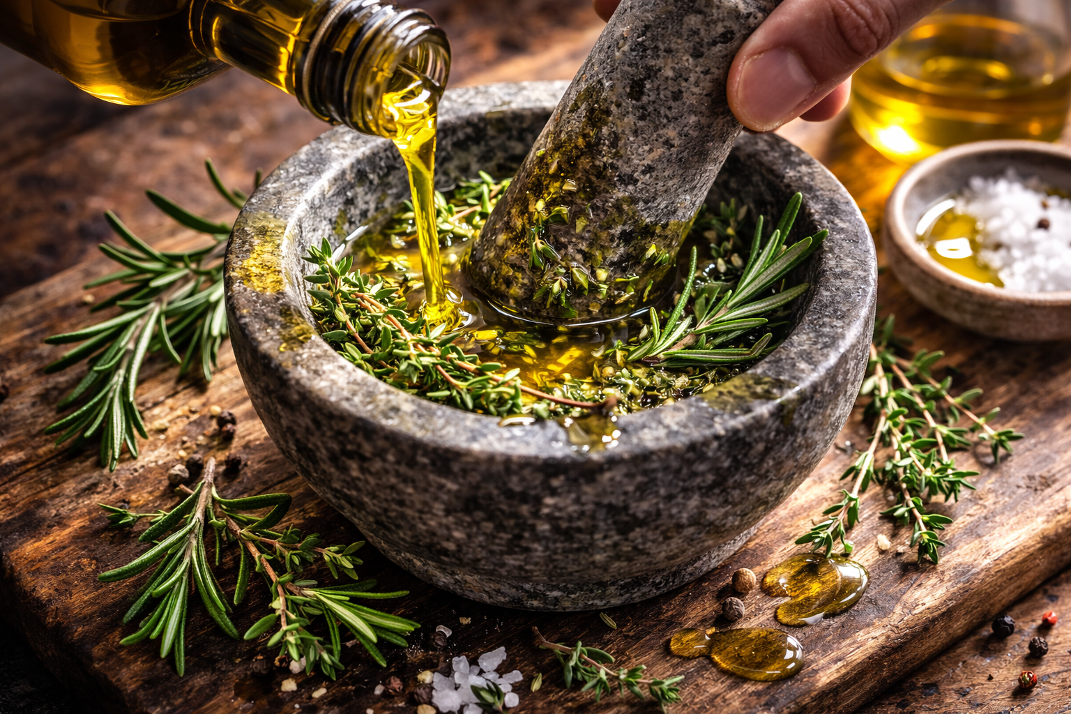 Mortero hierbas frescas y aceite | CocinaCanalla